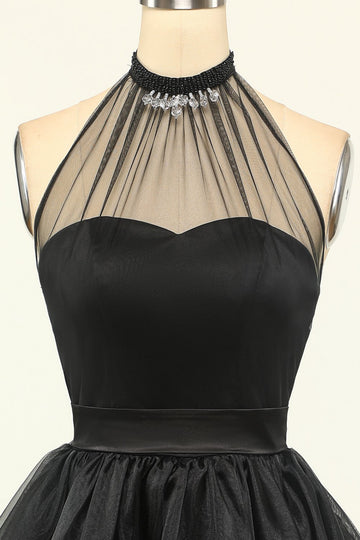Halter Black Tulle Vestido corto de fiesta